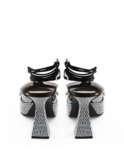 Crystal Bow Black Leather Sandals