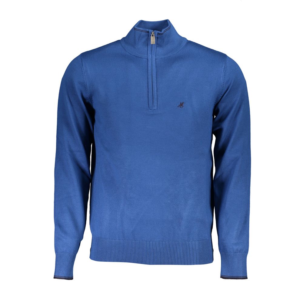 Elegant Half-Zip Blue Sweater with Embroidery Detail