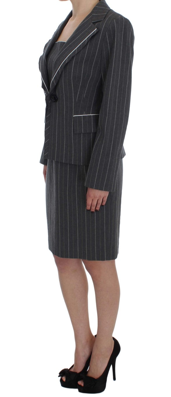 Elegant Gray Striped Dress & Blazer Suit Set