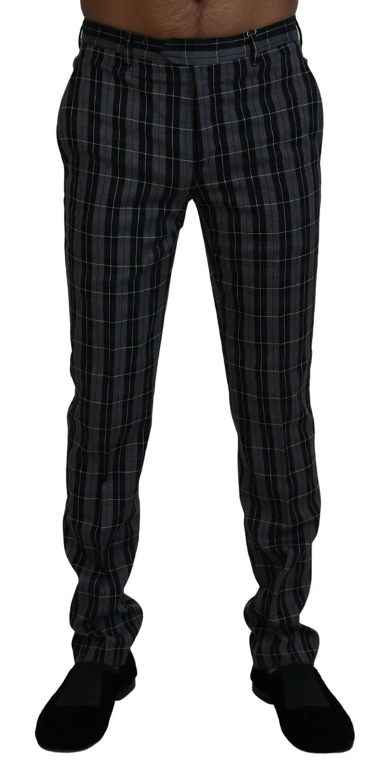 Elegant Gray Checkered Wool Chino Pants