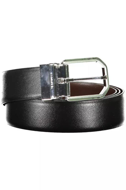 Reversible Black Leather Belt with Metal Buckle