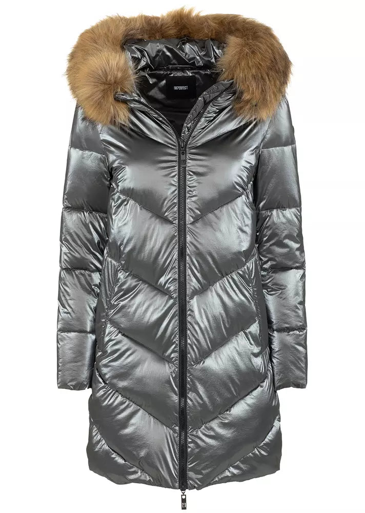 Elegant Long Down Jacket with Eco-Fur Hood