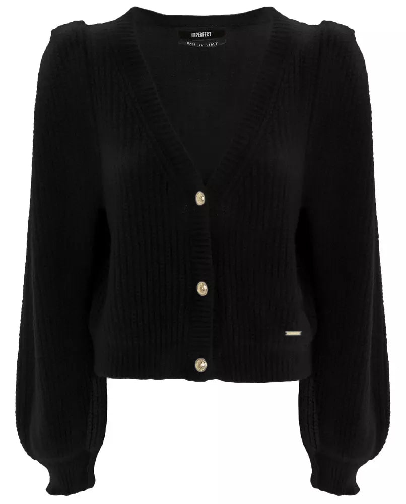 Elegant V-Neck Black Cardigan with Golden Buttons