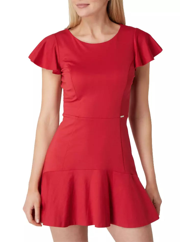 Chic Short-Sleeved Crew-Neck Red Dress