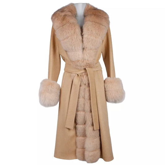 Elegant Beige Wool Coat with Fox Fur Trim