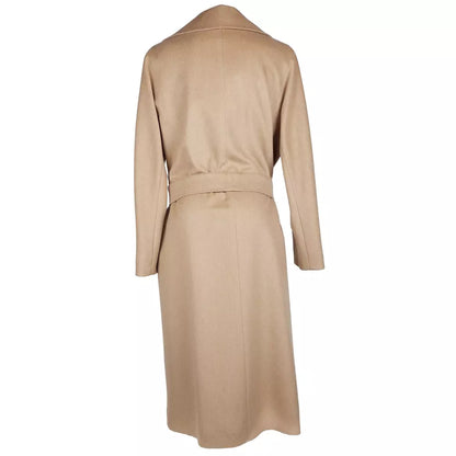 Elegant Beige Wool Coat with Ribbon Belt