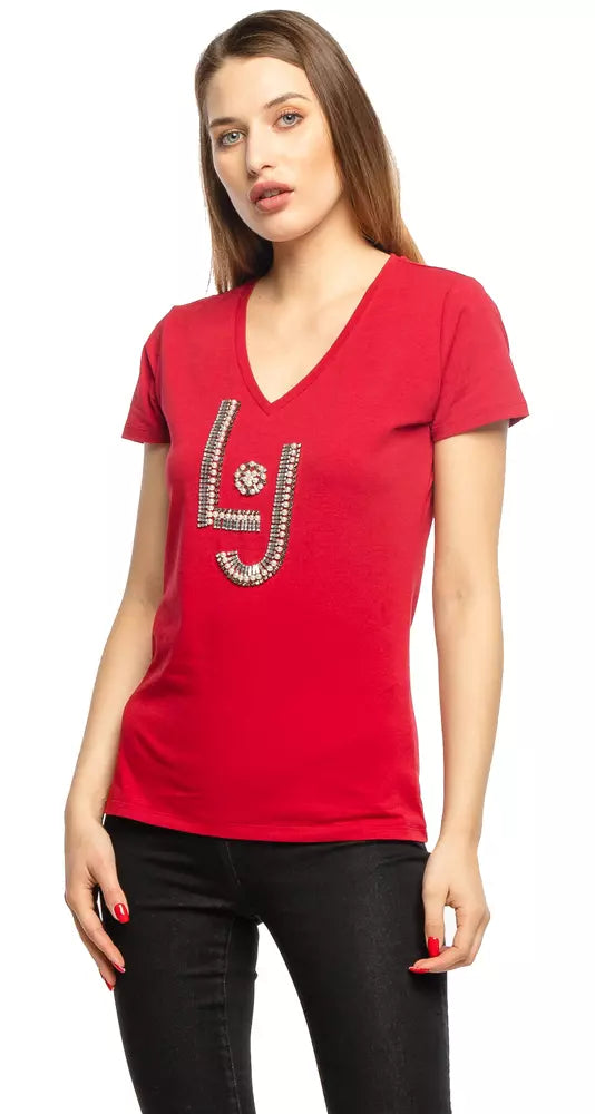 Rhinestone Beaded V-Neck Red Tee