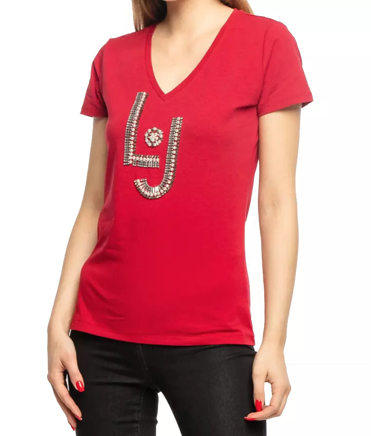 Rhinestone Beaded V-Neck Red Tee