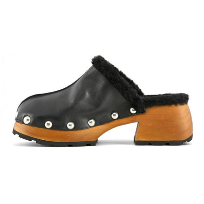 Elegant Black Leather Clogs with Faux Fur Trim