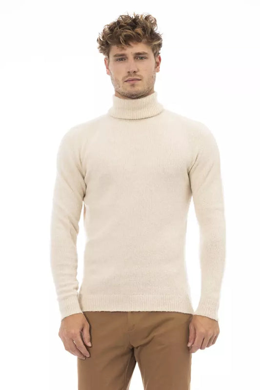 Beige Turtleneck Sweater with Fine Rib Detail