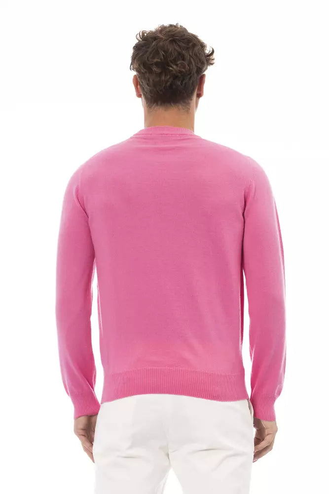 Chic Pink Crewneck Sweater with Fine Rib Detailing