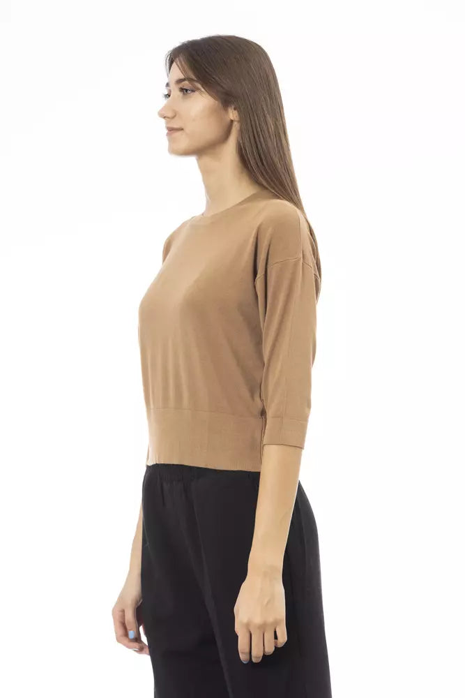 Elegant Beige Crew Neck Short Sleeve Sweater