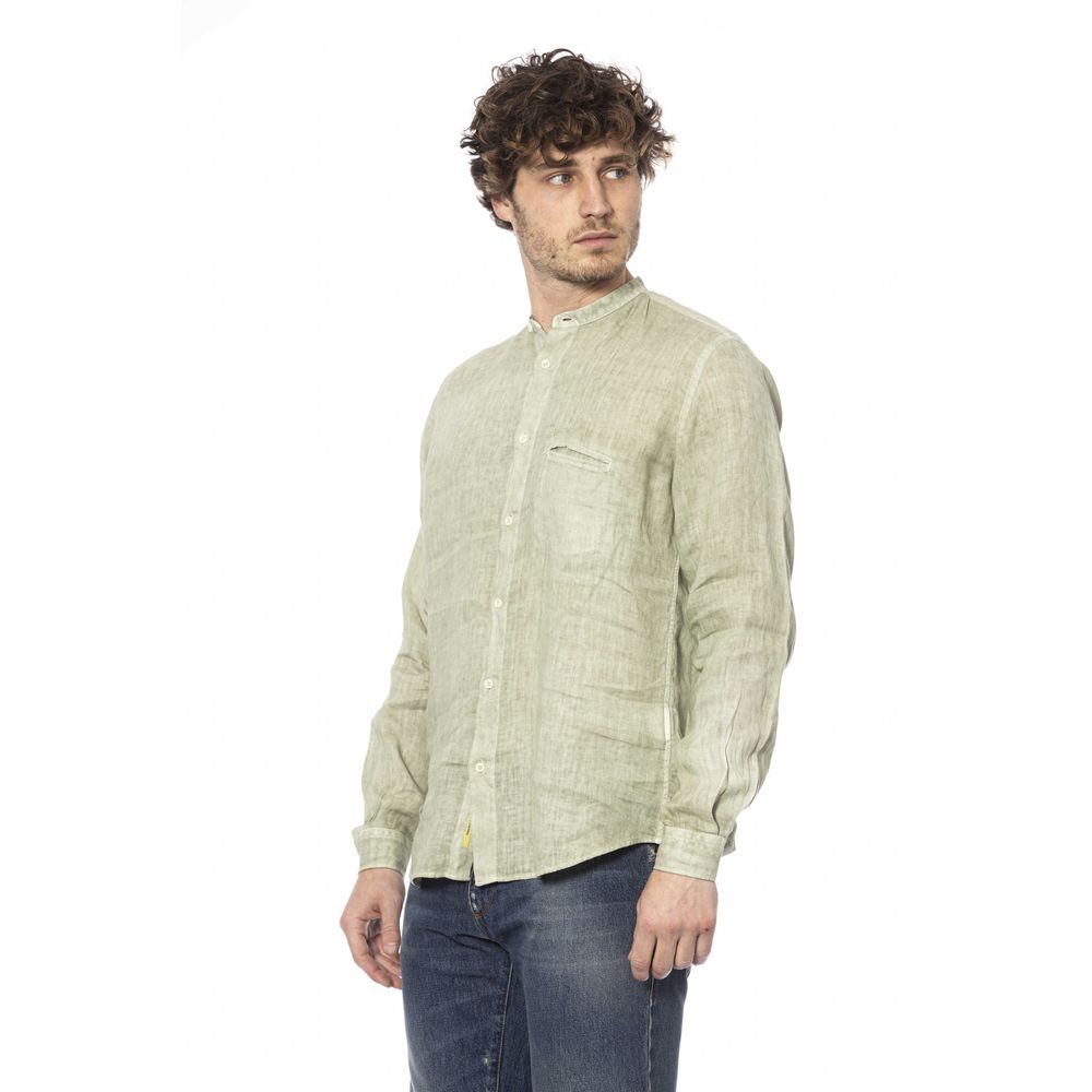 Elegant Green Linen Shirt with Mandarin Collar