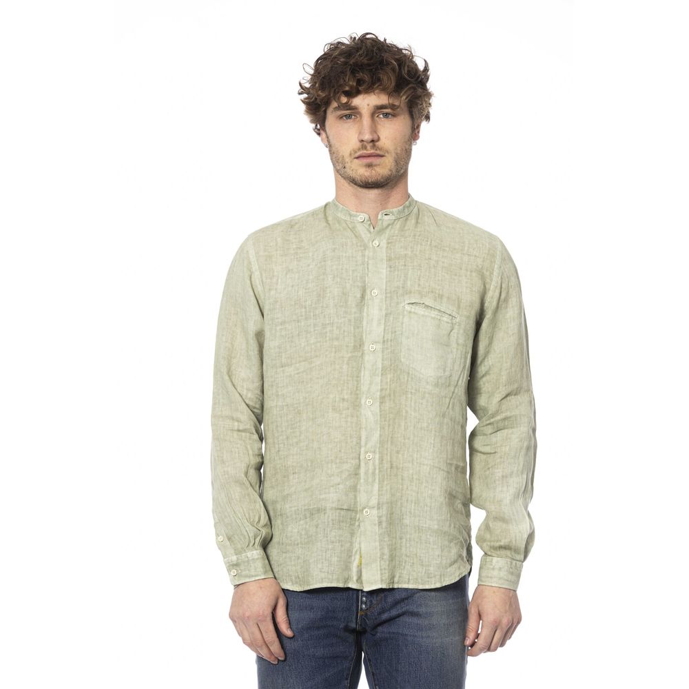 Elegant Green Linen Shirt with Mandarin Collar