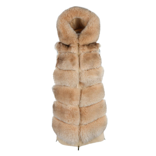 Elegant Sleeveless Wool Coat with Fox Fur Trim