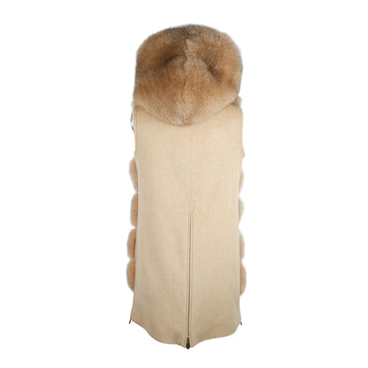 Elegant Sleeveless Wool Coat with Fox Fur Trim