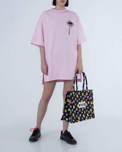 Chic Pink Cotton T-Shirt Dress with Unique Print