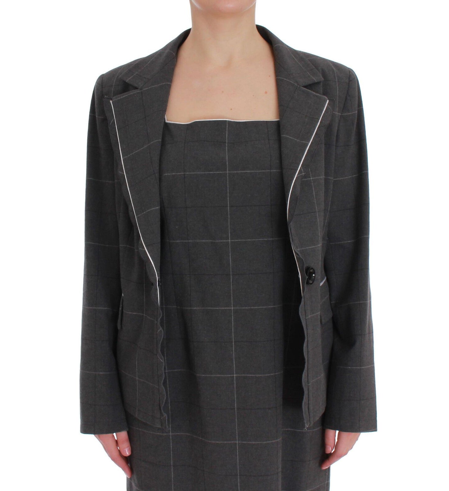 Gray Checkered Cotton Blazer Dress Set Suit