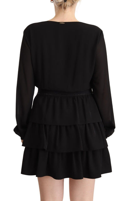 Black Polyester Long Sleeves V-neck Mini A-line Dress