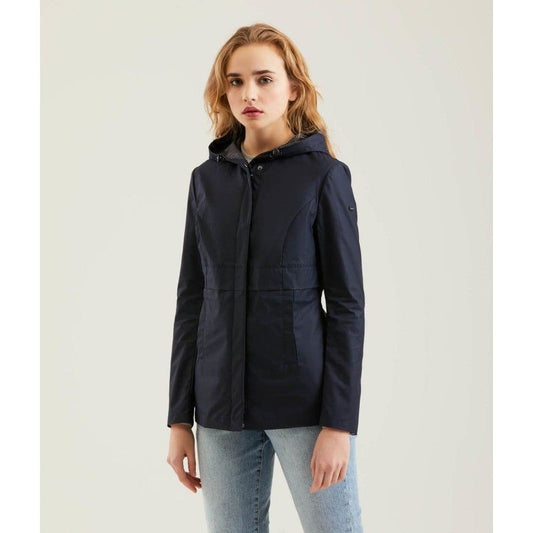 Chic Blue Polyester Jacket with Zip and Button Detail