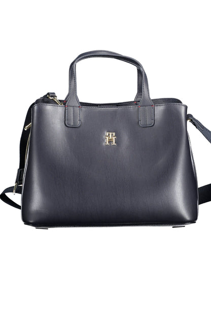 Chic Blue Polyurethane Handbag with Logo Detail