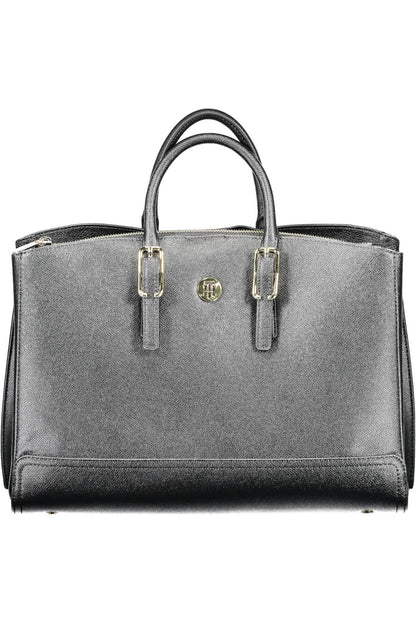 Chic Black Polyurethane Handbag with Laptop Pocket