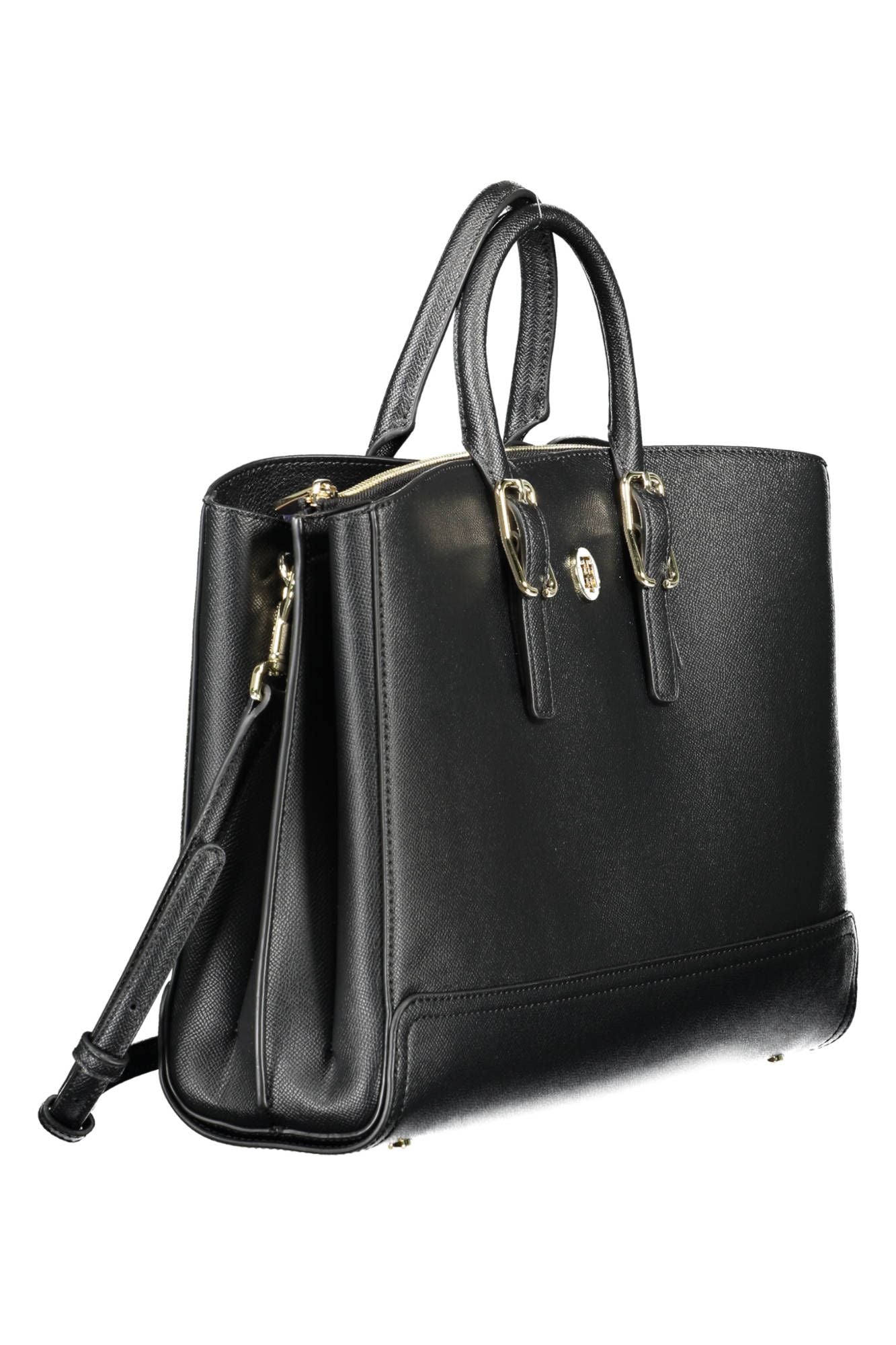 Chic Black Polyurethane Handbag with Laptop Pocket