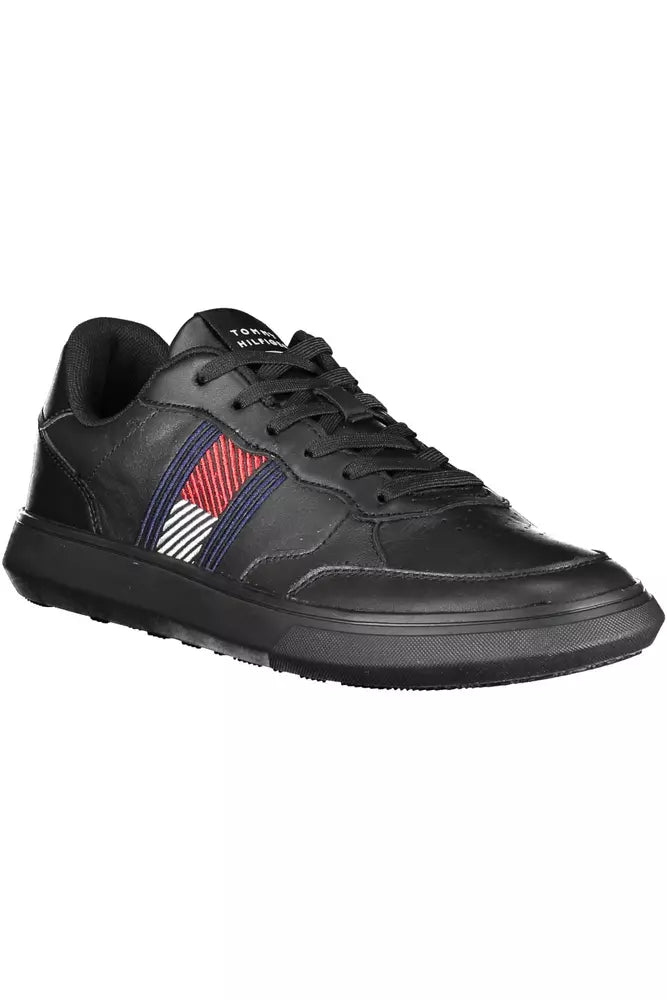 Sleek Black Leather Sneakers with Embroidered Logo